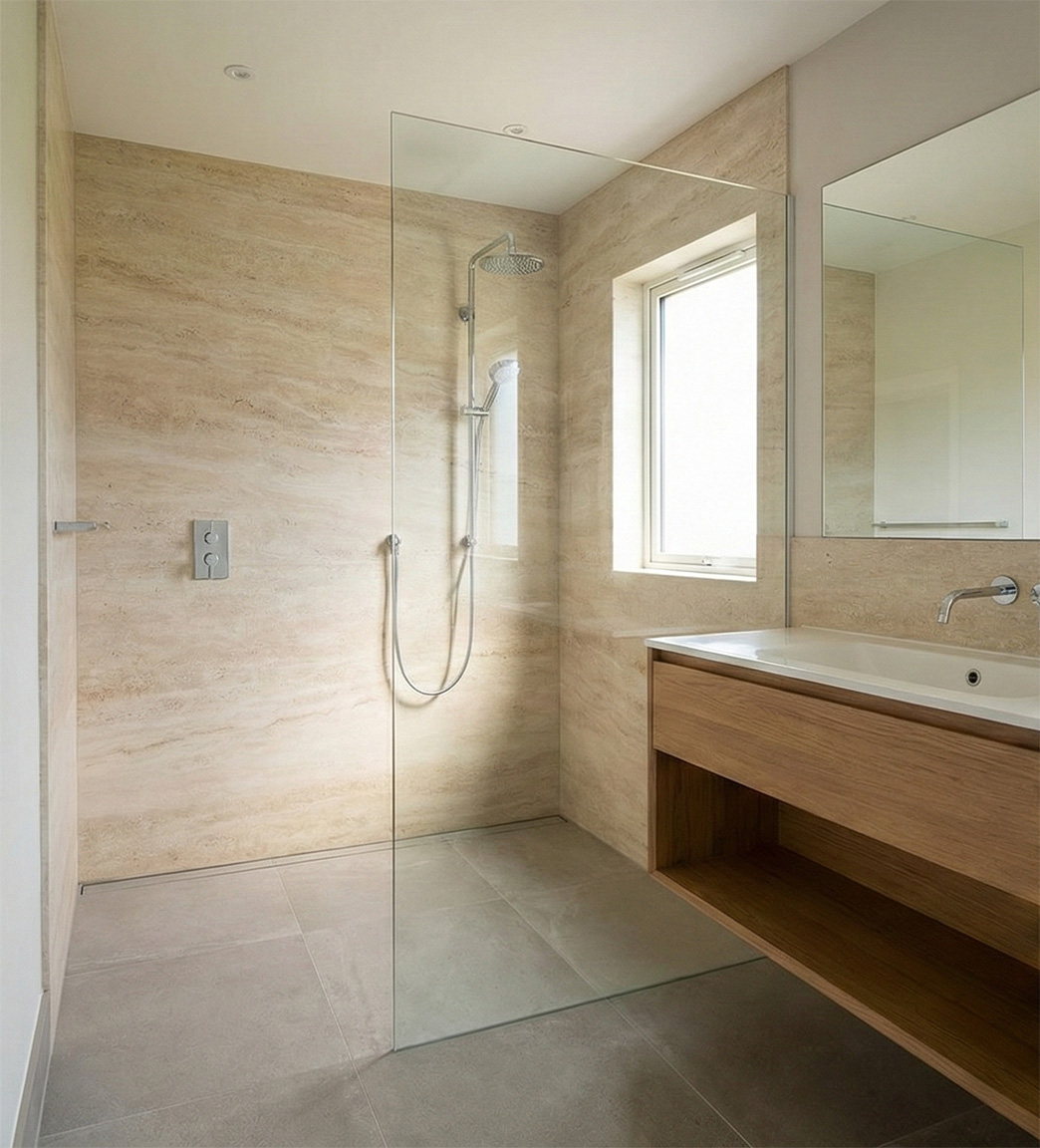 Duschrückwand aus echtem Naturstein im modernen Badezimmer