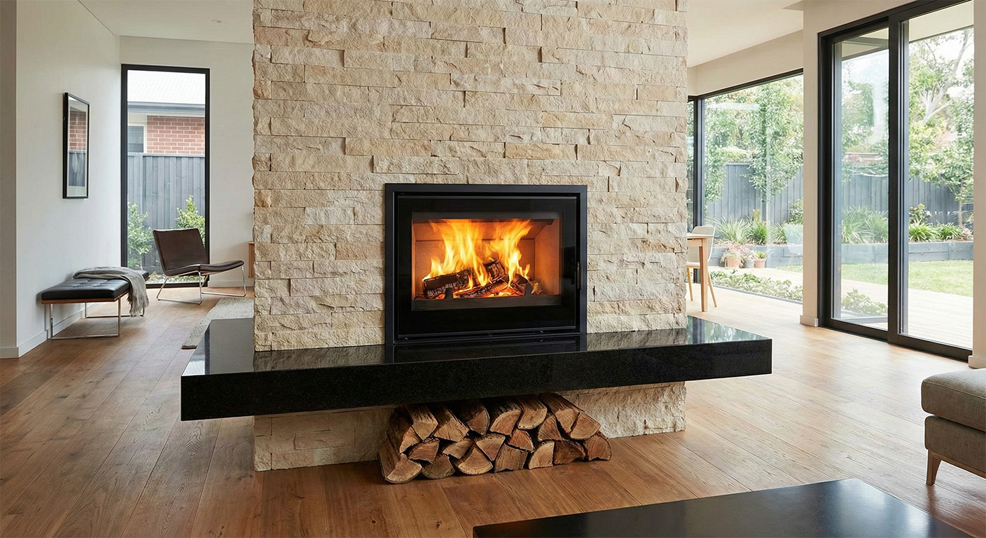 Moderner Kamin im Wohnzimmer mit heller Naturstein-Verkleidung und dunklem Granit-Sims in Thüringen