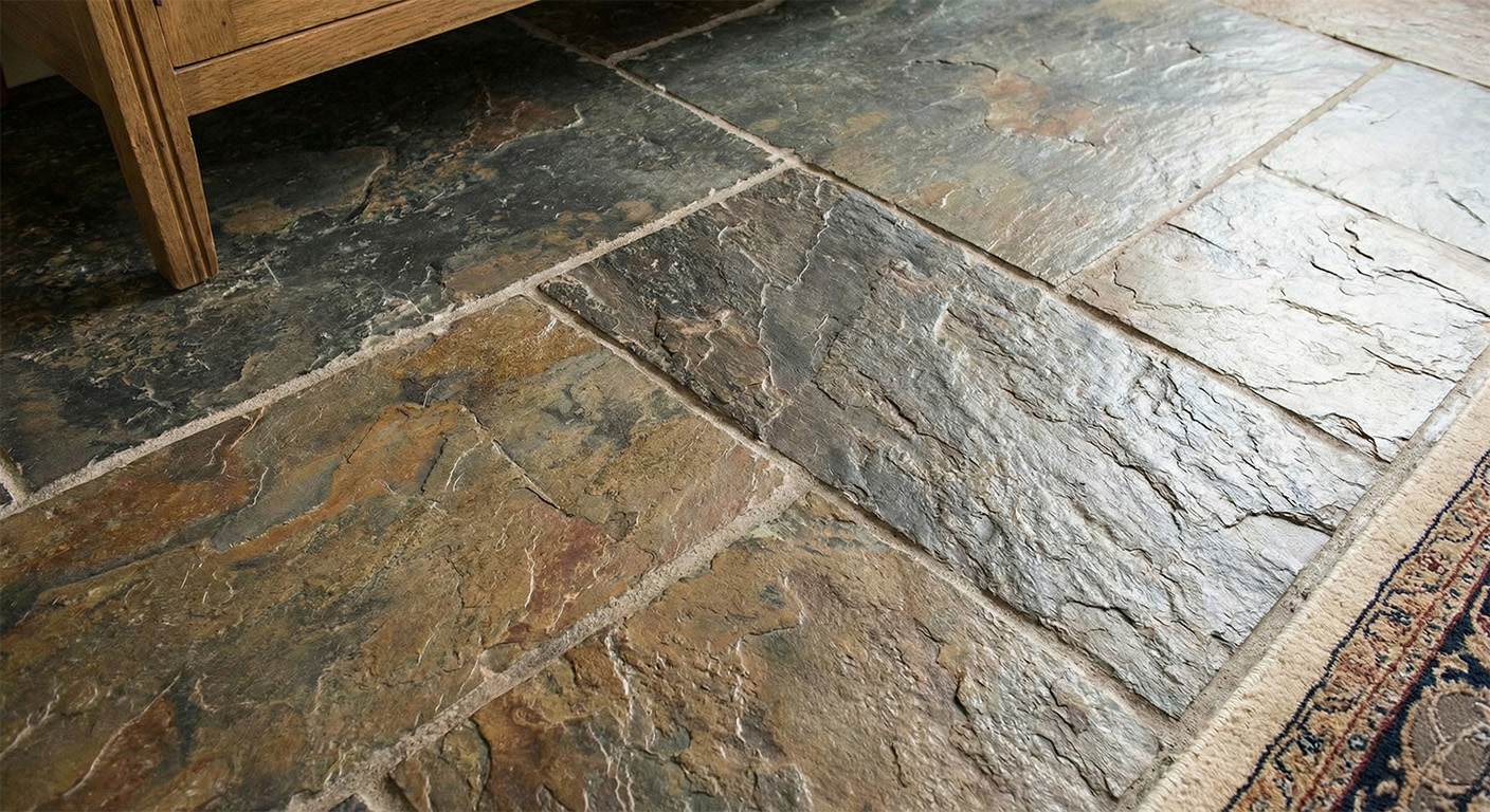 Detailaufnahme: Robuster Natursteinboden mit natürlicher Struktur und warmen Farben