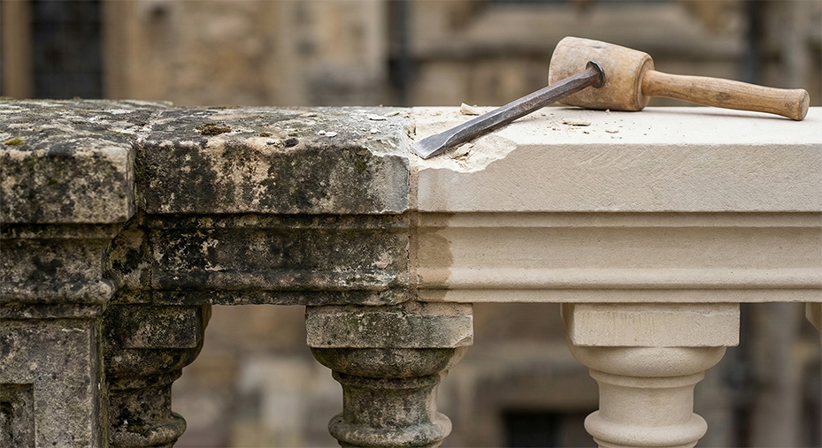 Detailaufnahme Natursteinrestauration: Hammer und Meißel auf einer Balustrade, zeigt den Unterschied zwischen verwittertem und neuem Stein